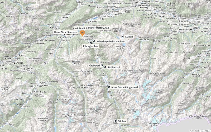 Karte des vorderen Ötztals mit dem Haus Süta in Sautens, dem Bahnhof Ötztal, der Acherkogelbahn in Oetz, dem Piburger See, der AREA 47, dem Stuibenfall, Kühtai und Sölden.
